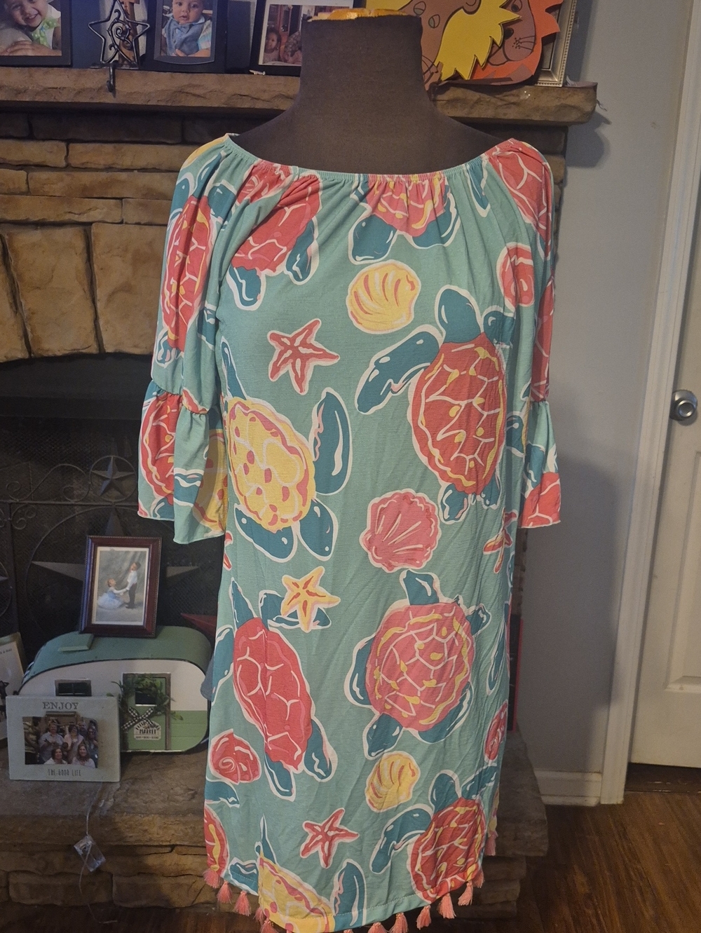 Seaside Turtle Print Off-Shoulder Cover Up Dress - Aqua